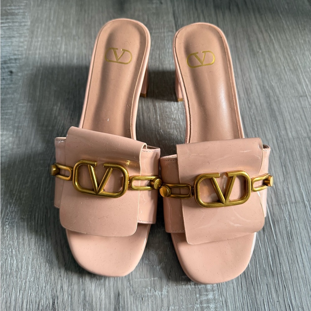 Valentino Pink Mules with Gold V-Logo